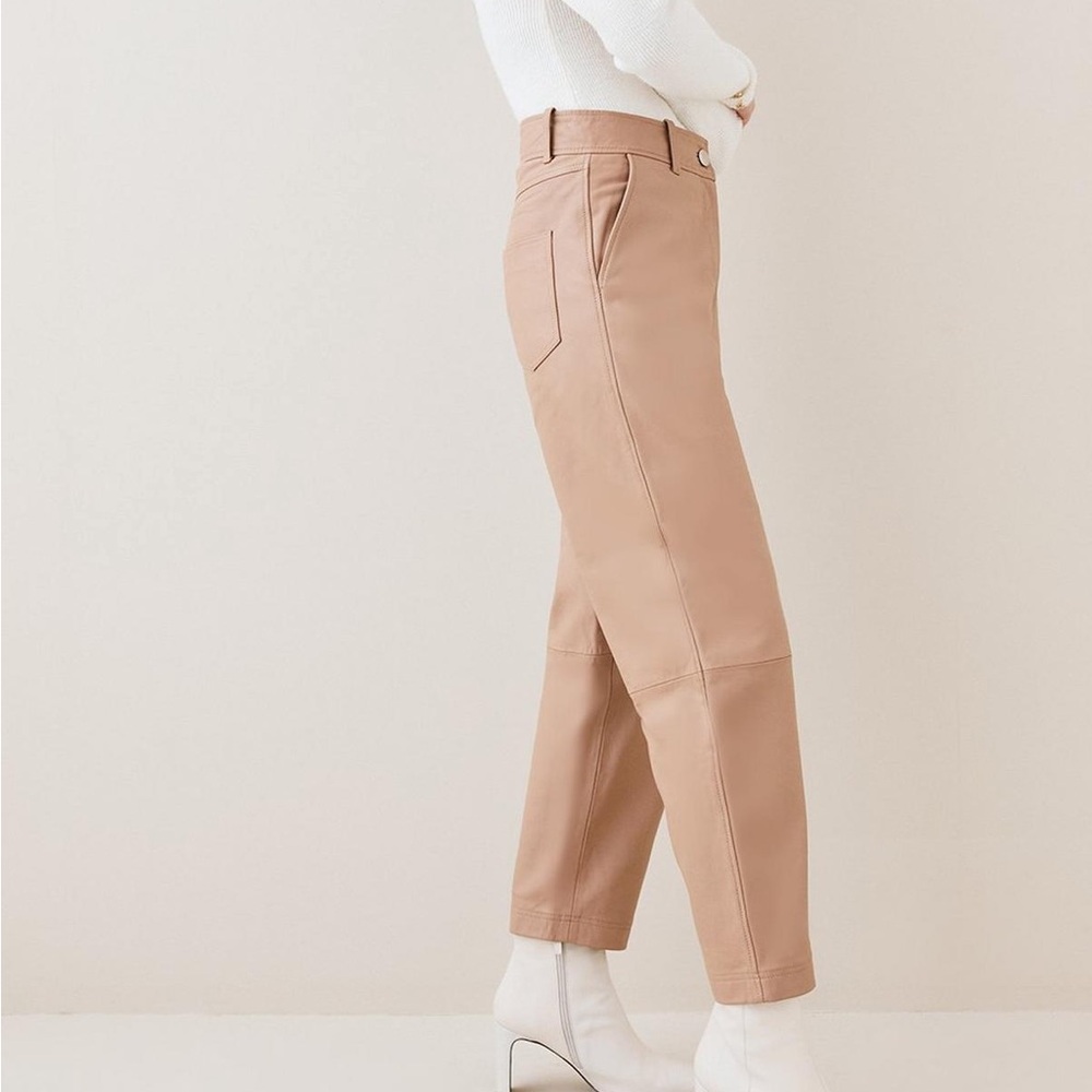 Beige High-Waisted leather pants barrel leg
